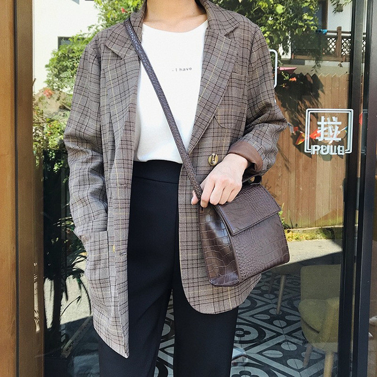 施悦名2019春季新款复古格子女式双排扣chic西装外套