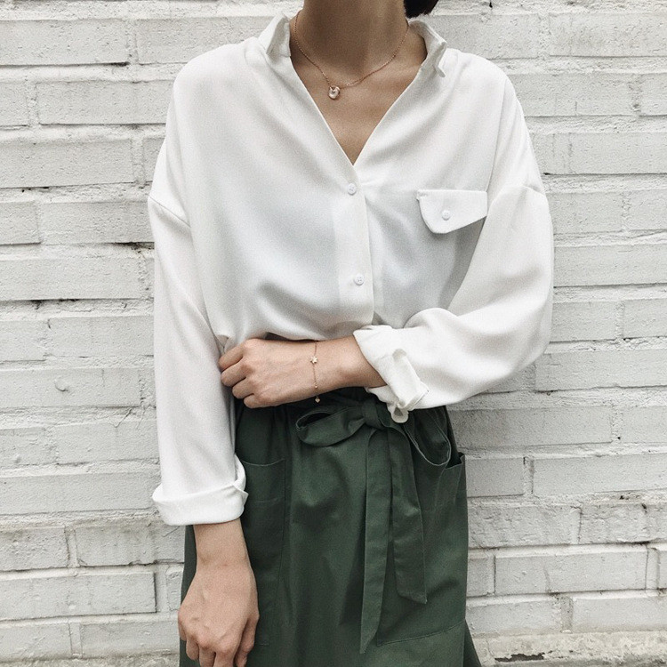 施悦名2019春季新款韩国女装纯色V领长袖女式衬衫女雪纺衫