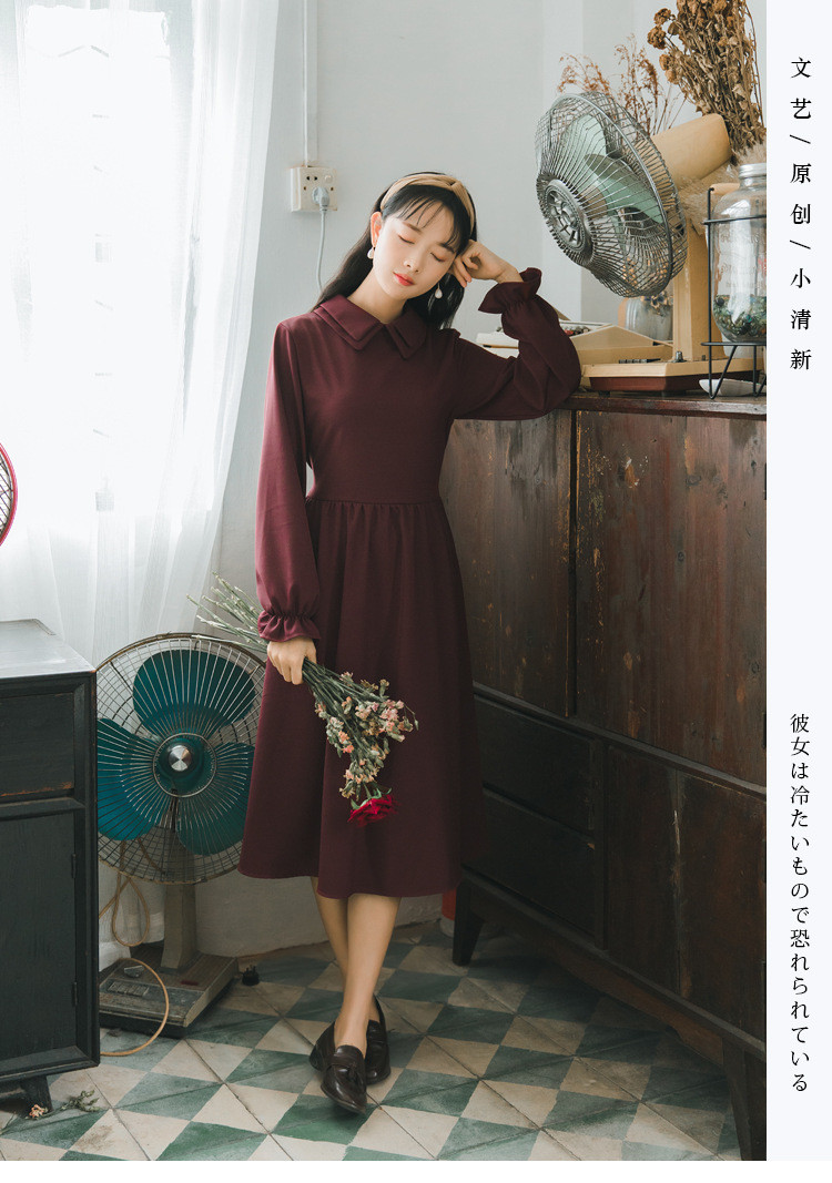 施悦名2019春季新款女装韩版酒红色长袖连衣裙中长款法式复古裙子