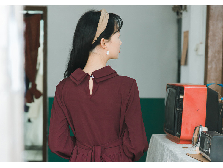 施悦名2019春季新款女装韩版酒红色长袖连衣裙中长款法式复古裙子