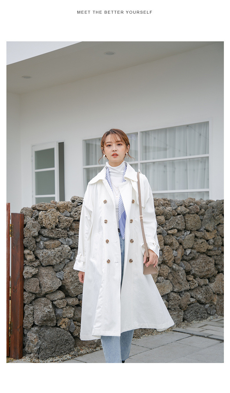 施悦名 风衣女2019春季韩版新品女装翻领长袖双排扣长款上衣纯色英伦外套