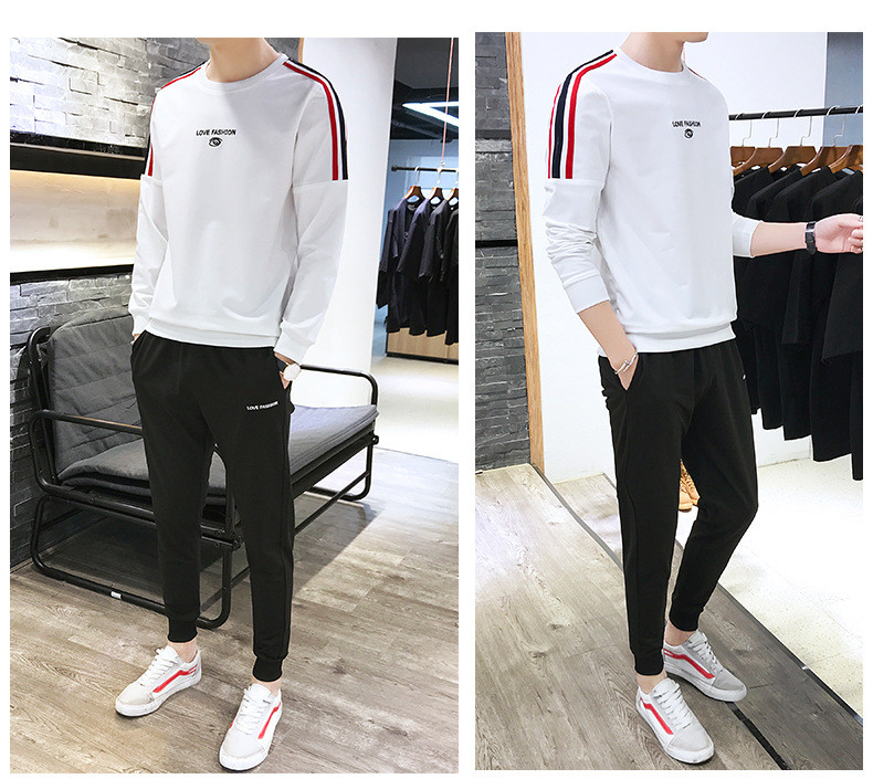 汤河之家 2019春男士个性长袖T恤运动套装男休闲帅气两件套韩版卫衣男装潮