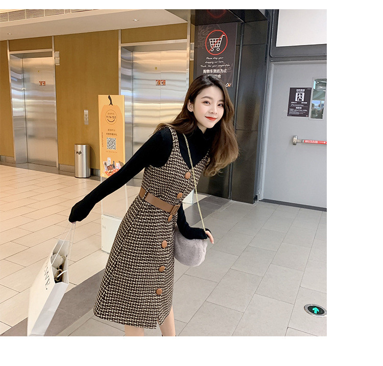 施悦名 2019春季韩版新款百搭V领单排扣格子收腰显瘦中长款连衣裙女