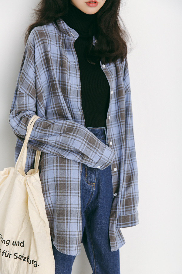 施悦名 春秋季韩版女装学院风休闲长袖衬衫宽松格子衬衣