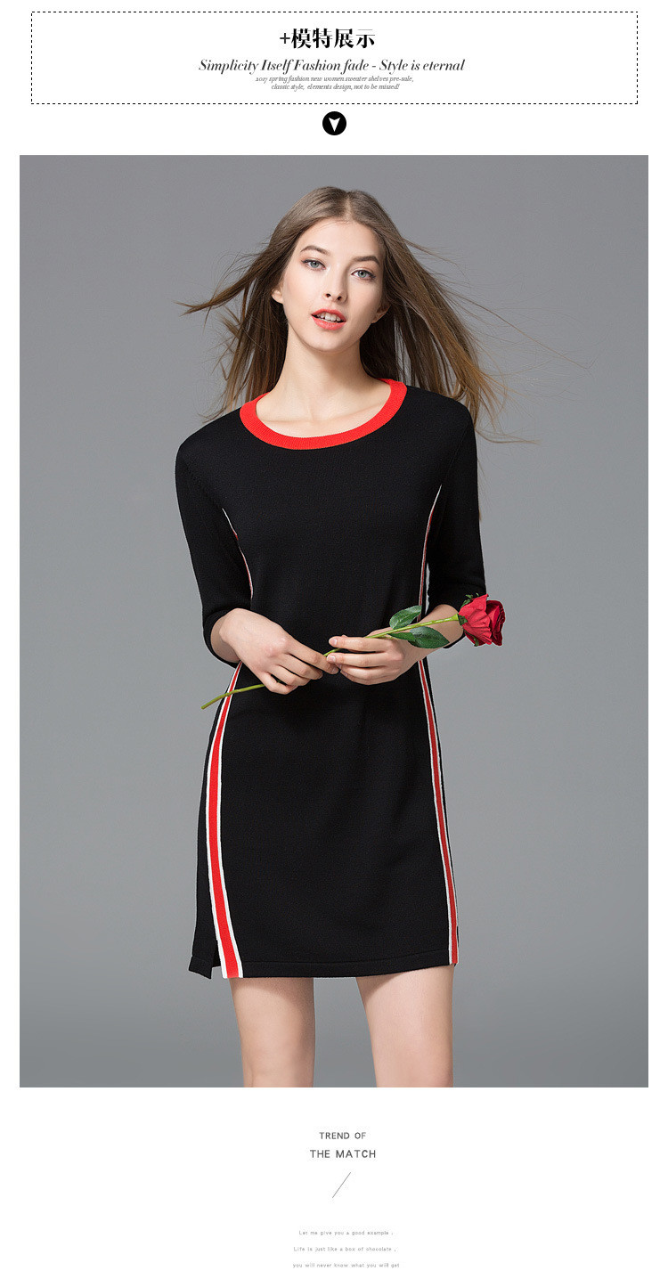 施悦名 2019春季欧美品牌女装撞色竖条纹修身显瘦包臀圆领连衣裙