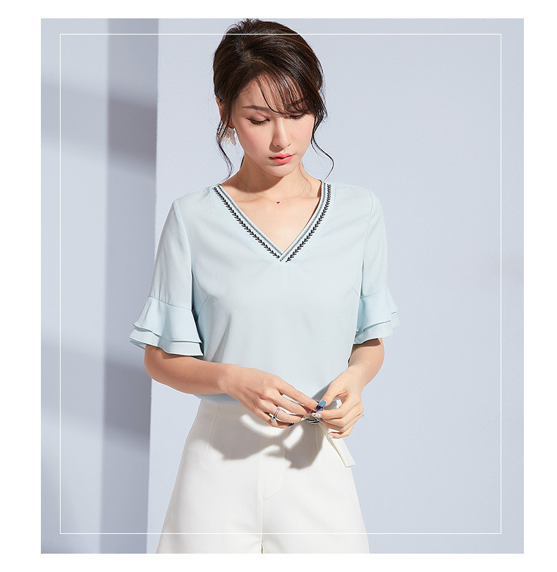 施悦名 韩版2019夏季新品女装V领双层荷叶袖上衣短袖雪纺衬衫女