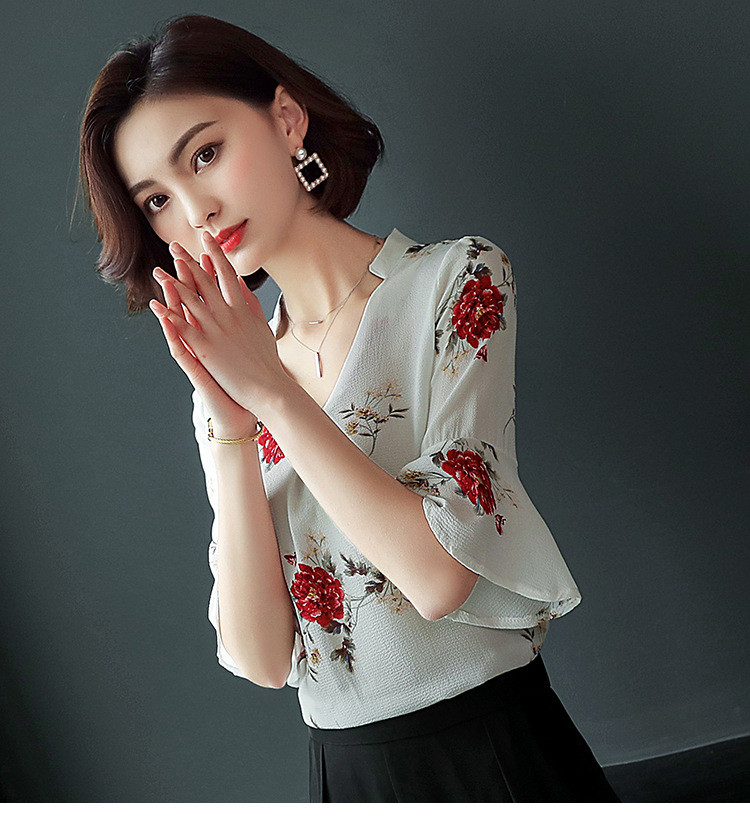 施悦名 2019新款韩版夏季印花衬衫女士短袖大码女装雪纺立领时尚上衣女