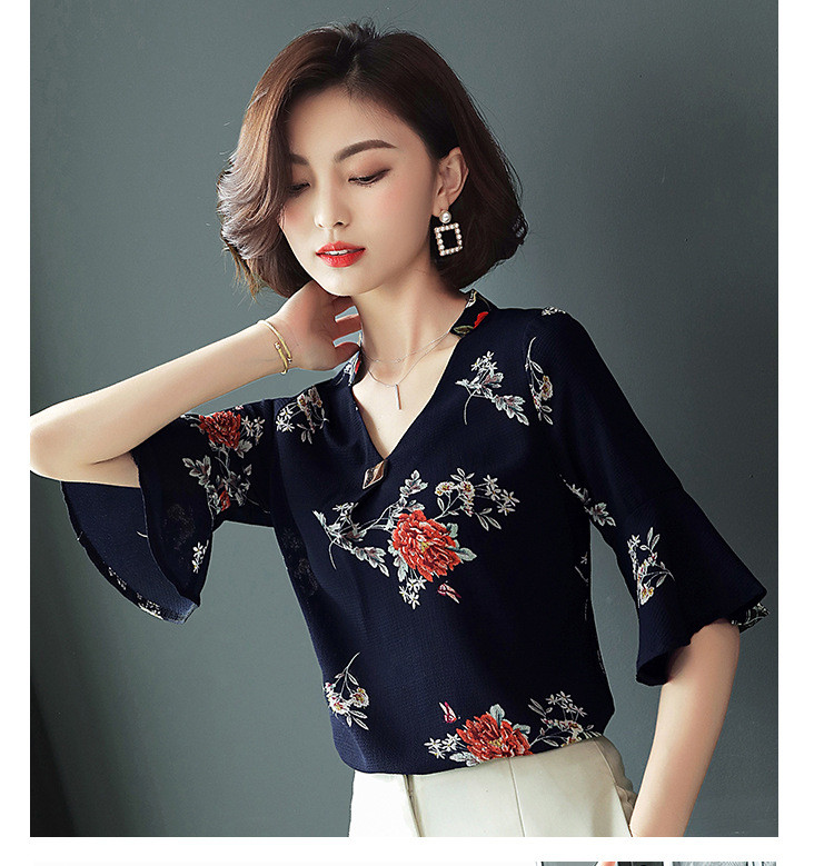 施悦名 2019新款韩版夏季印花衬衫女士短袖大码女装雪纺立领时尚上衣女