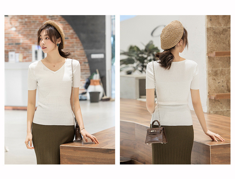 施悦名 夏季新款女装韩版V领修身显瘦上衣简约T恤短袖针织纯色打底衫