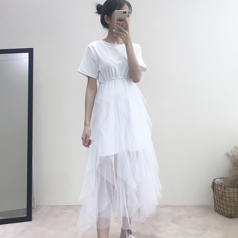施悦名 韩版新款时尚拼接网纱不规则连衣裙蓬蓬裙