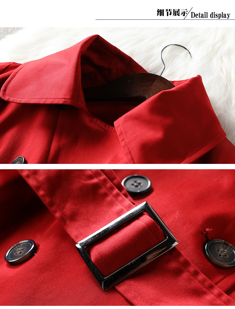 汤河店 时尚风衣2019春季新款女装双排扣修身长袖中长款韩版红色大衣外套