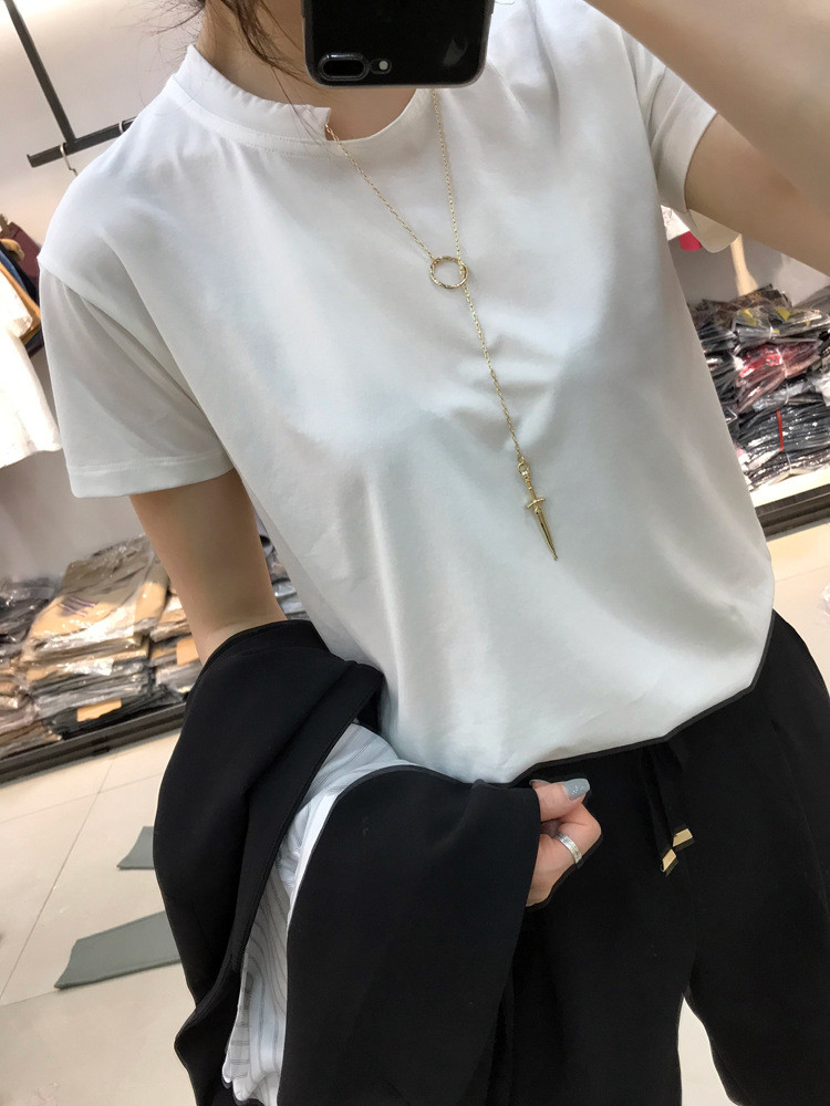 施悦名 2019夏季新款纯色丝光棉t恤女短袖上衣不规则领+配个性项链A