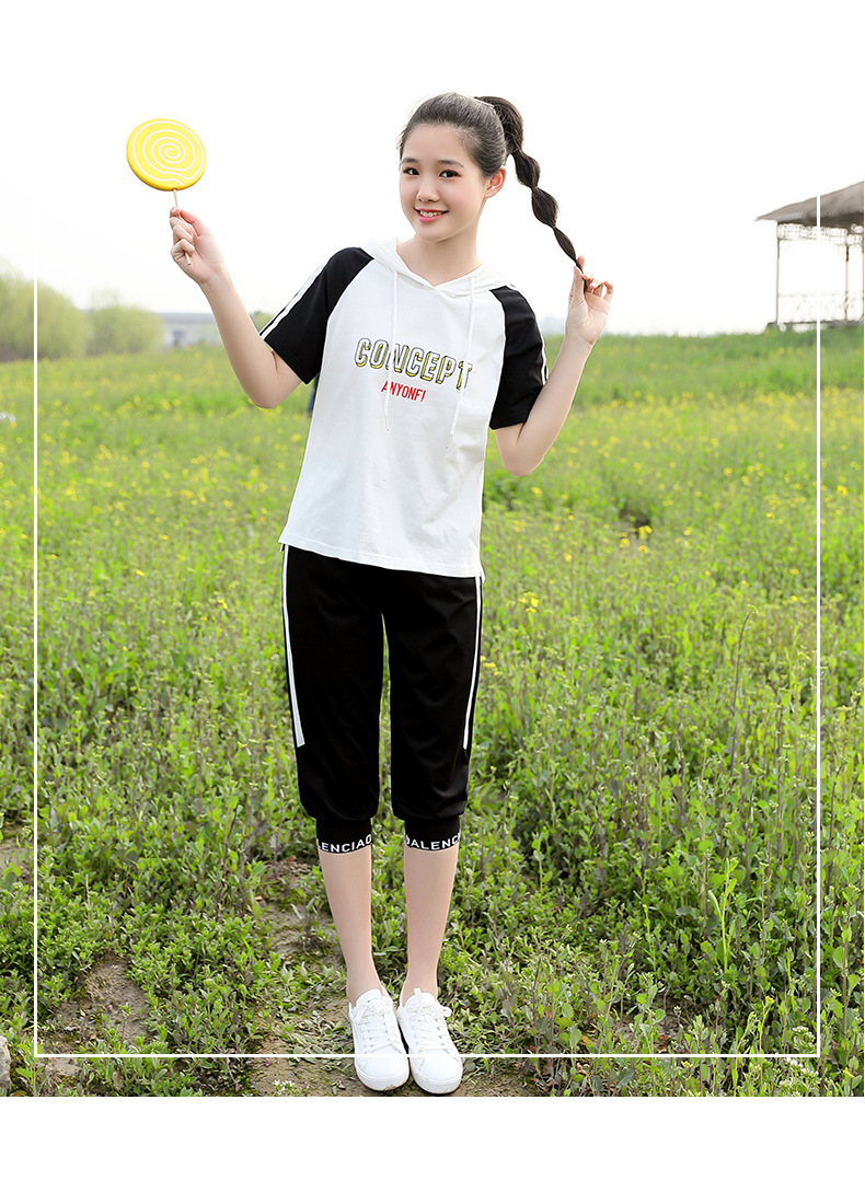 施悦名 2019夏季新款韩版女学生时尚休闲套装女式T恤7分裤两件套A