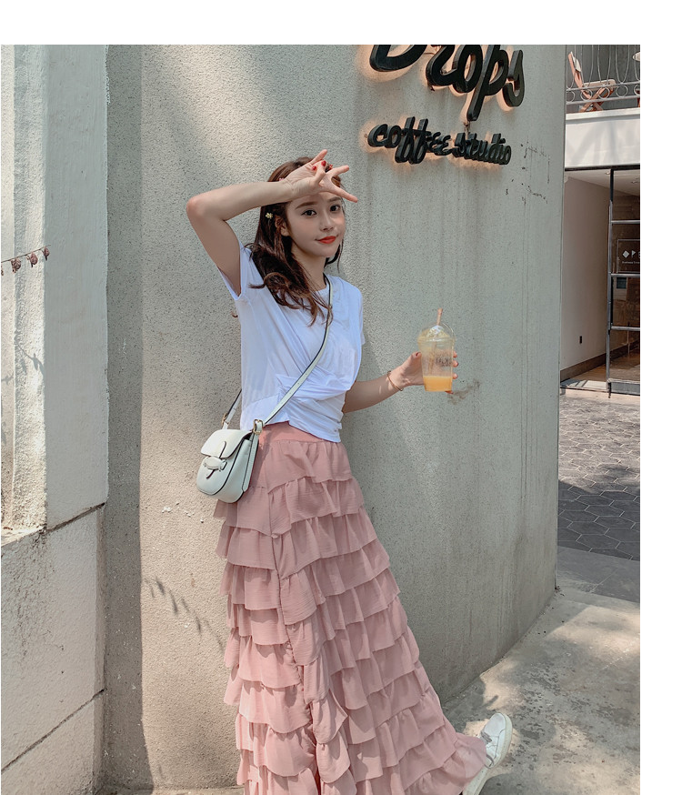 施悦名 2019夏季新品白色短袖T恤+粉色长款蛋糕裙半身裙套装两件套装A
