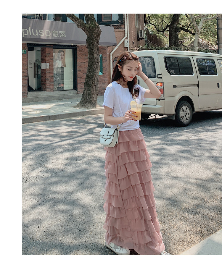 施悦名 2019夏季新品白色短袖T恤+粉色长款蛋糕裙半身裙套装两件套装A