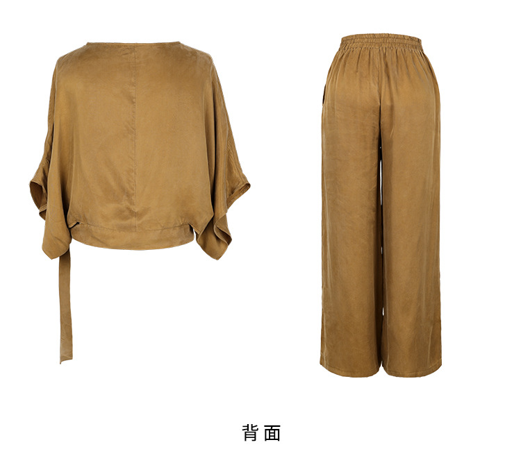 施悦名 夏季新款纯色宽松系带女装休闲套装中袖圆领上衣阔腿裤垂感两件套A