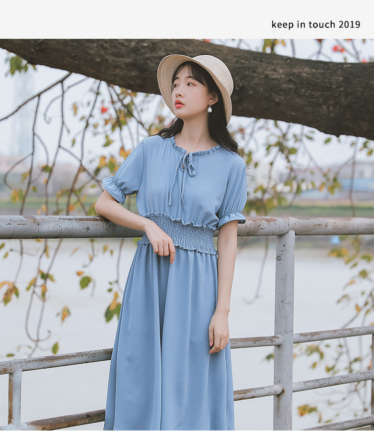 施悦名 2019夏季新款韩版纯色短袖显瘦雪纺连衣裙A