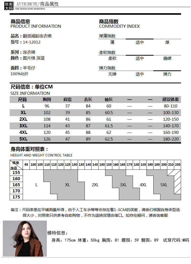 洋湖轩榭 欧美大码毛衣连衣裙 加肥加大中长款宽松翻领拼色裙200斤A