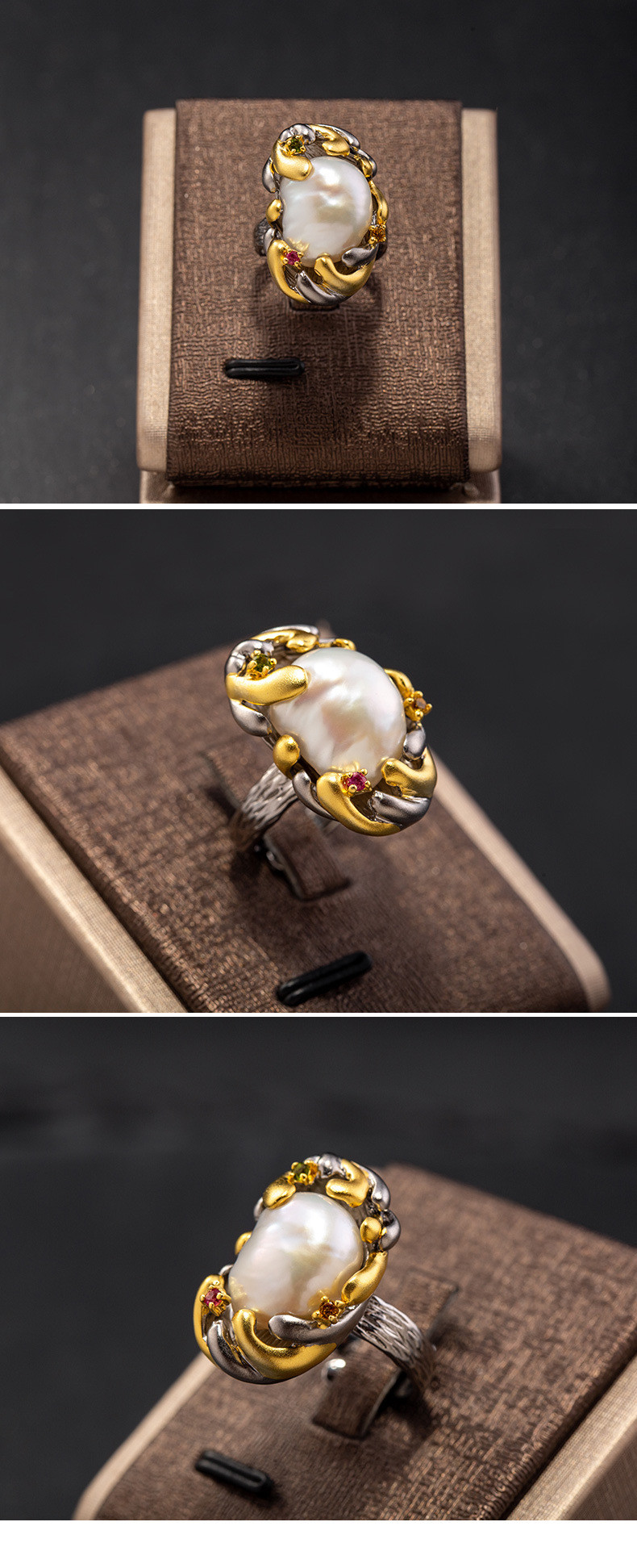 汤河店 珠宝首饰原创新款意大利手工925银镶珍珠戒指 天然巴洛克珍珠戒指