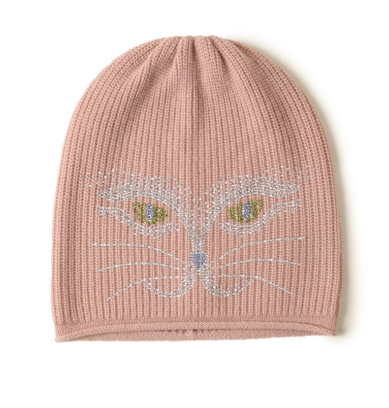 小童马  19新款羊绒针织贴钻猫脸小卷边帽子保暖可爱C