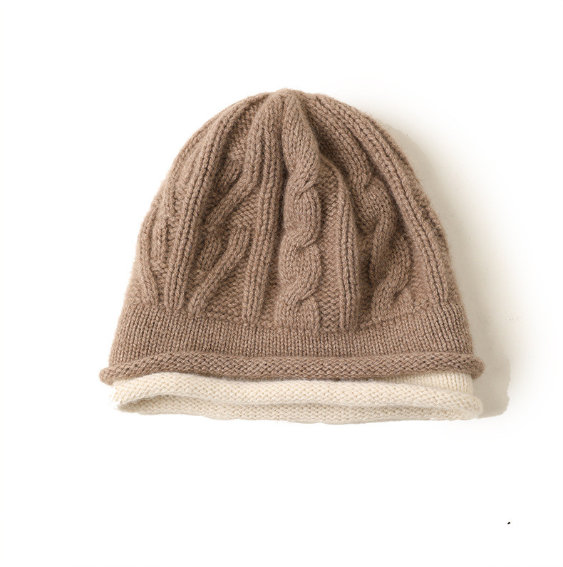 小童马   冬季女士保暖羊绒假两件毛线帽双边绞花针织帽子冬季户外C