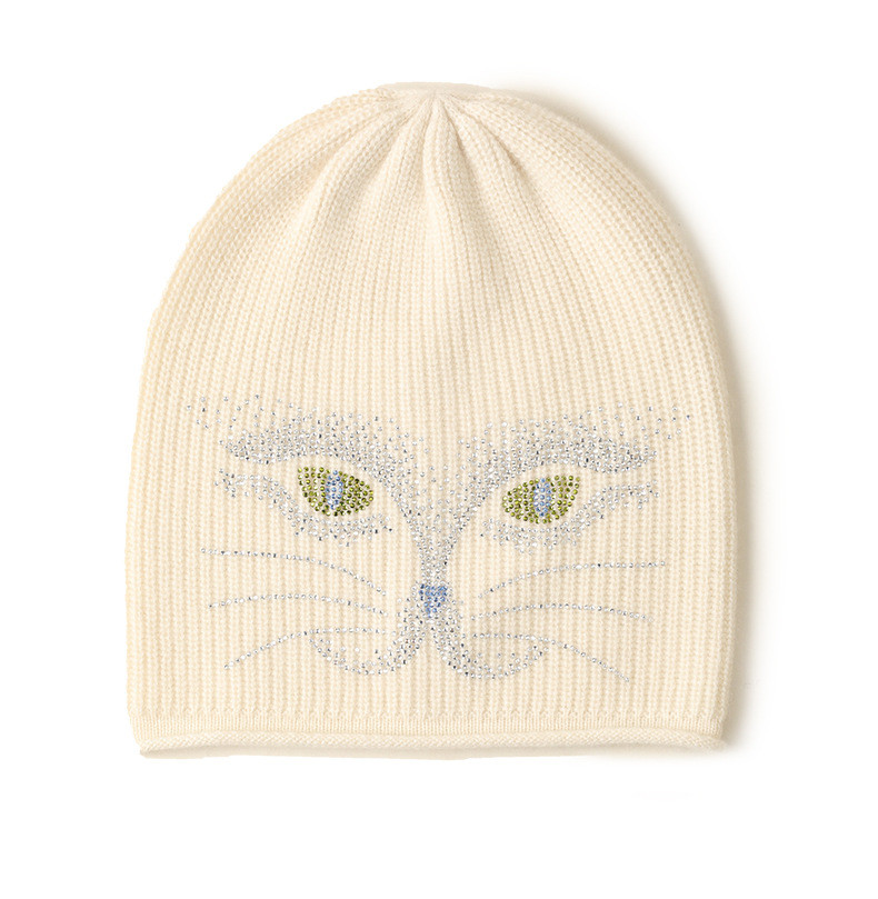 小童马  19新款羊绒针织贴钻猫脸小卷边帽子保暖可爱C