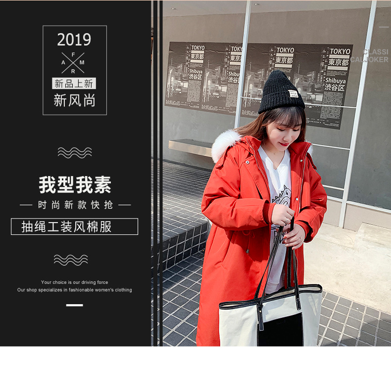 施悦名 棉服 2019冬季新款收腰抽绳工装风大毛领棉服大码女装外套A