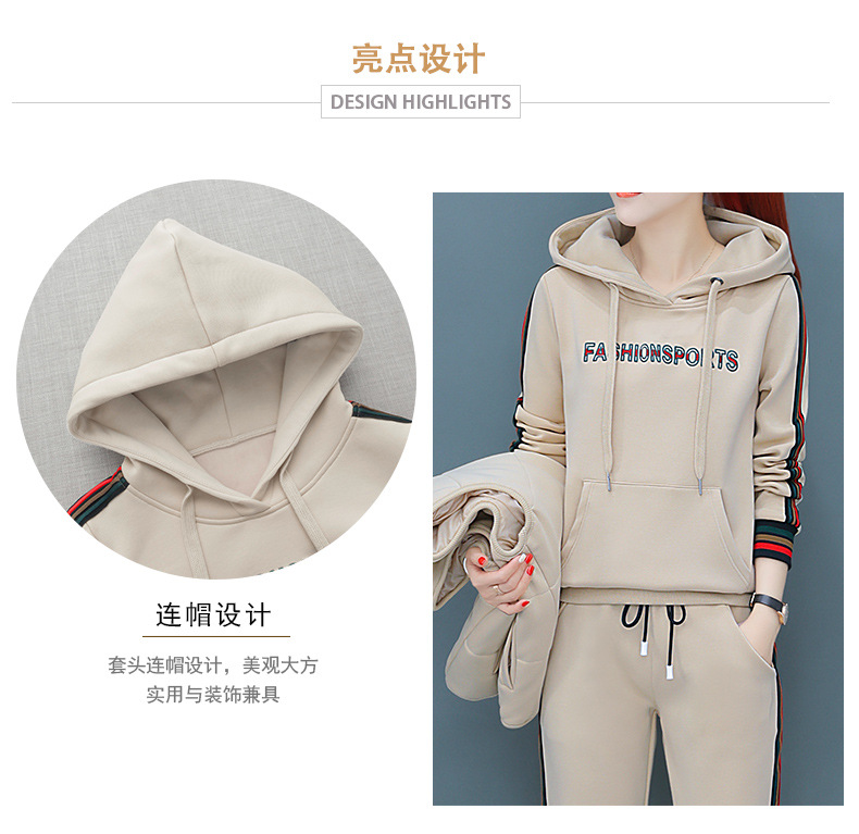 施悦名 卫衣女秋冬加绒加厚保暖三件套2019新款冬季时休闲运动服套装A