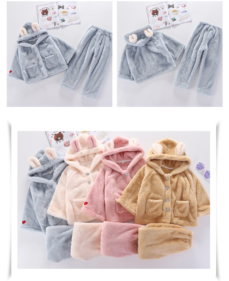 洋湖轩榭 女童家居服2019冬季新款儿童睡衣两件套中大童加厚双面长毛绒套装A