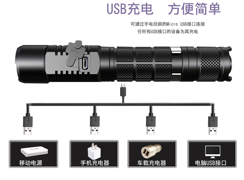 汤河店  迷你手电筒家用户外骑行USB可充电防水LED强光手电C