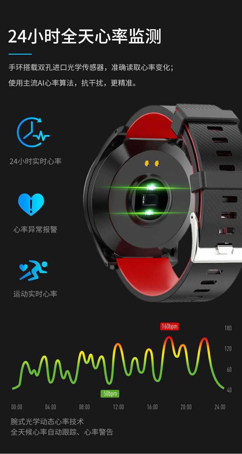 汤河店 新款大彩屏智能手环 1.3寸超长待机防水心率血压睡眠监测手表
