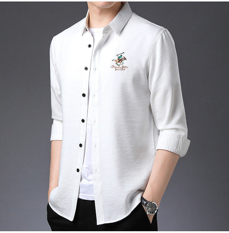 汤河之家 2020春夏季男薄款长袖纯色刺绣棉质衬衫
