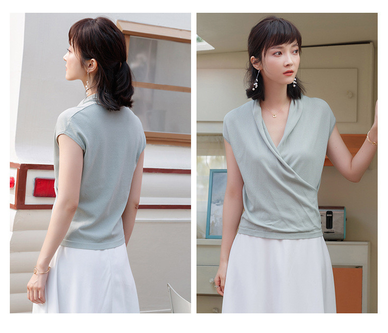 施悦名 韩风短袖针织t恤女夏季新款亮丝v领气质轻熟冰丝上衣针织衫女
