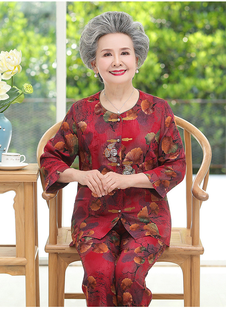 洋湖轩榭 妈妈夏季新款七分袖套装70岁80老年人女大码刺绣绵绸奶奶装两件套C