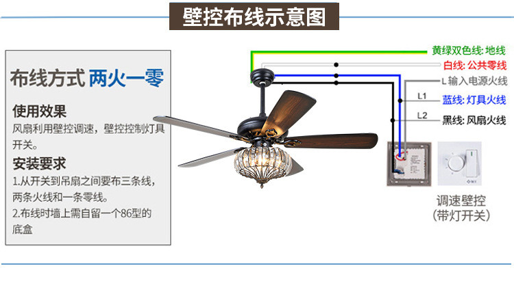 汤河店 吊扇灯美式复古水晶吊灯家用奢华客厅电扇灯卧室餐厅吊灯