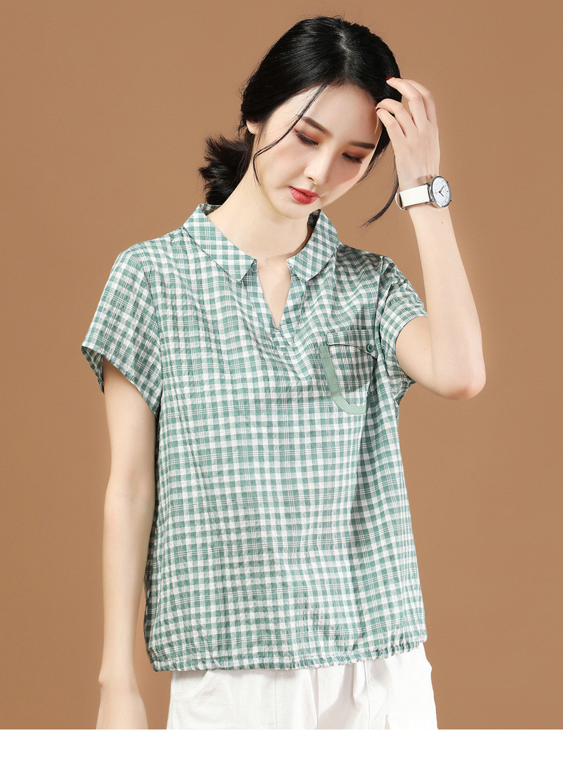 2020夏季韩版短袖格子衬衫女士衬衣宽松显瘦百搭休闲上衣C