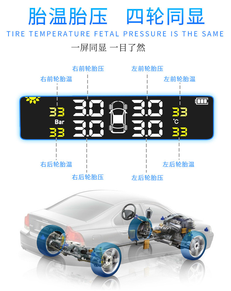 汤河店 太阳能胎压监测TPMS无线高精度内置传感器汽车通用轮胎压力检测仪a