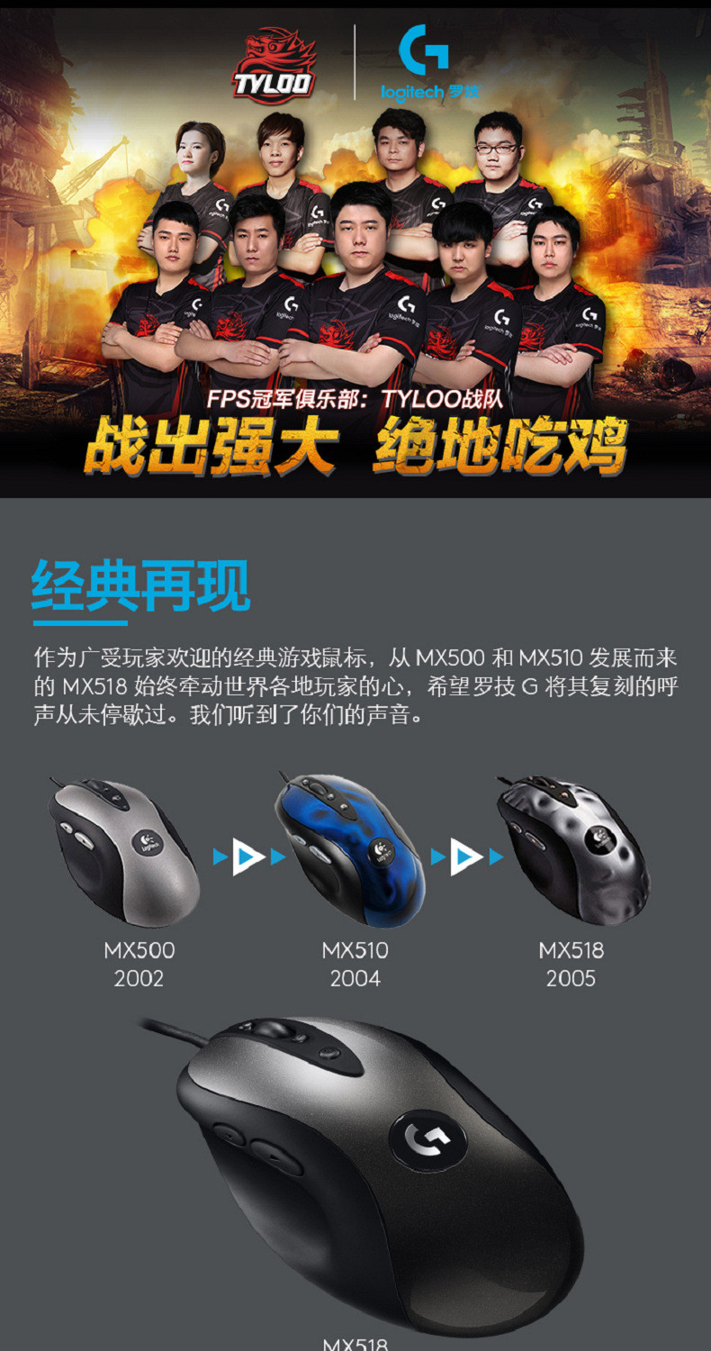 汤河店 Logitech罗技MX518有线游戏鼠标 经典复刻版电竞吃鸡LOL鼠标 新品