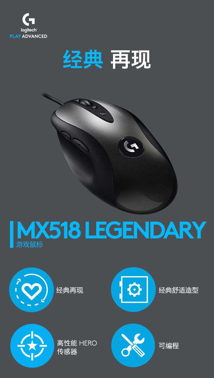 汤河店 Logitech罗技MX518有线游戏鼠标 经典复刻版电竞吃鸡LOL鼠标 新品