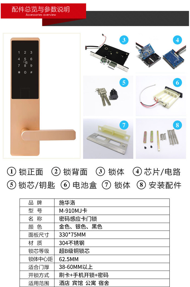 汤河店 酒店公寓智能密码锁 一握即开电子感应锁出租房家用防盗门锁a