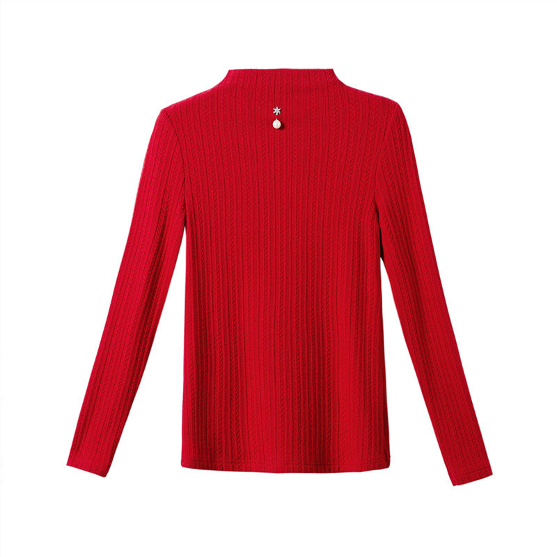 施悦名 秋冬新款纯色粘纤显瘦半高领气质通勤套头针织红色长袖修身型T恤a