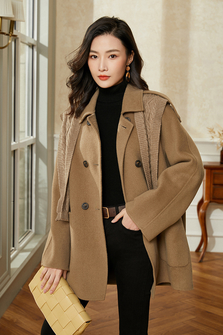 施悦名 韩版羊绒大衣2020冬装新款潮流时尚双面羊毛外套针织帽围巾可