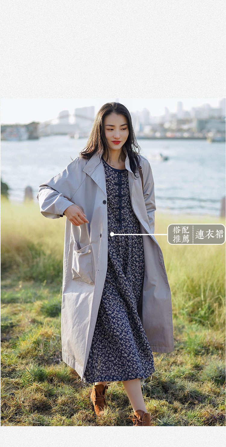 施悦名 立领长款风衣女2021春新款纯色气质宽松大码女装外套a