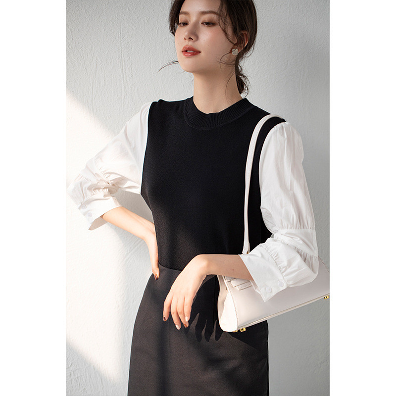 施悦名 时髦拼接圆领上衣女2021春季新款韩版时尚衬衫拼接显瘦针织衫a