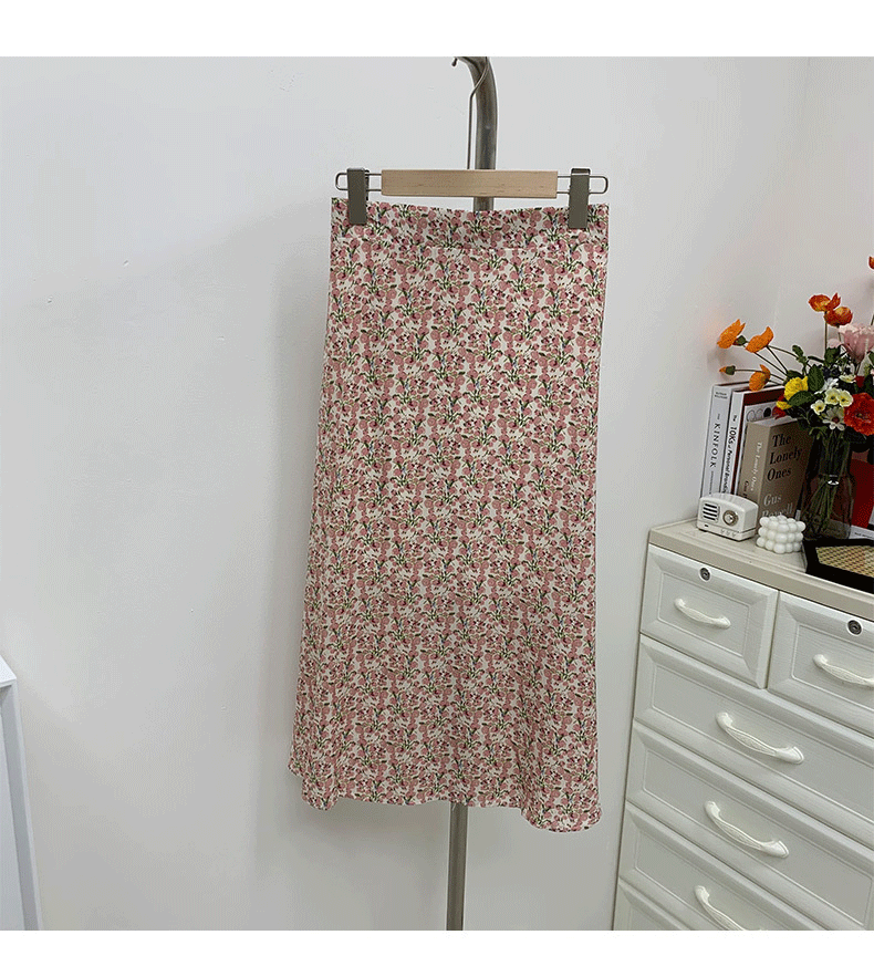 施悦名 2021夏季韩版a字显瘦半身裙雪纺印花中长款新款女装2556