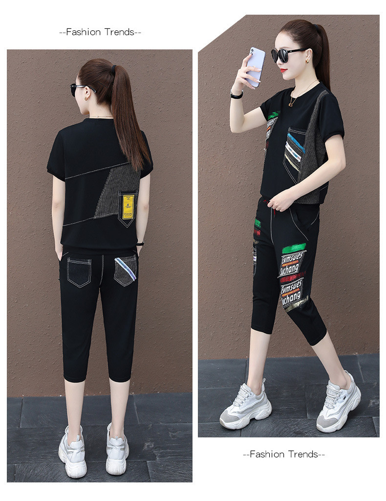 施悦名 2021夏季新款套装韩版大码宽松时尚休闲运动套装女七分裤两件套