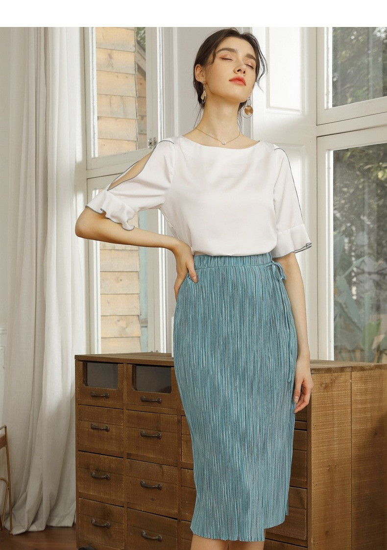 施悦名 2021夏季新款韩版女装圆领白色上衣女时尚简约镂空纯色短袖雪纺衫