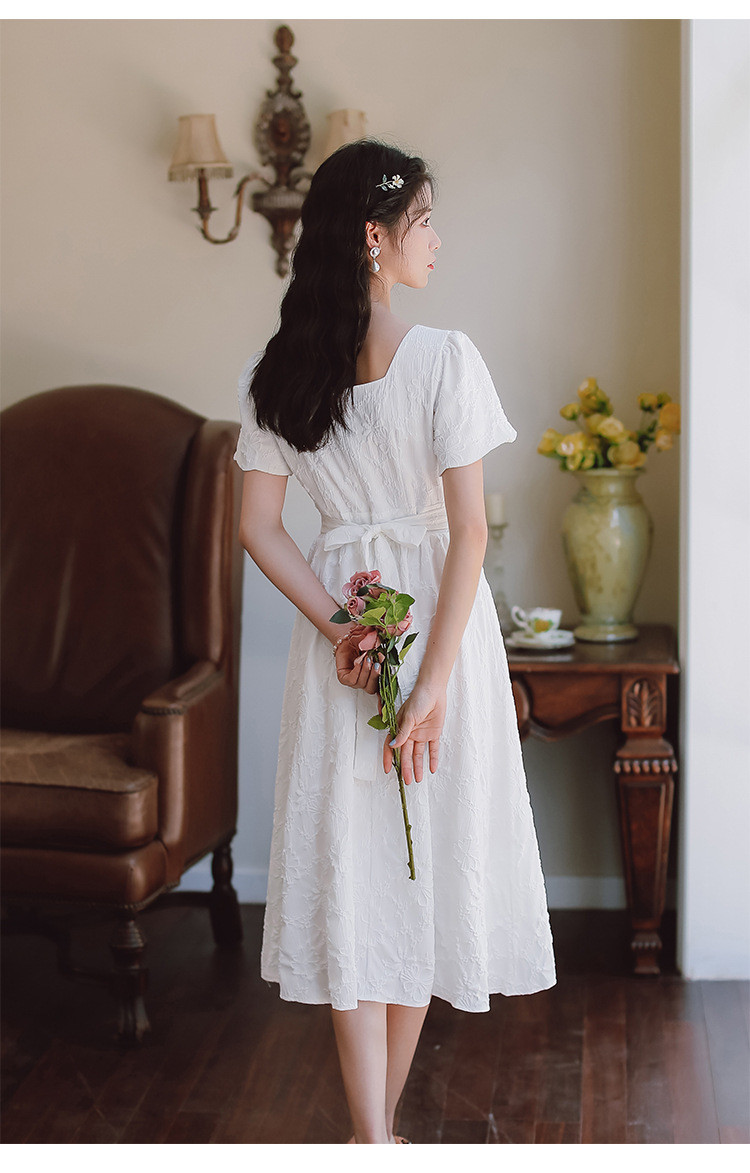施悦名 2021夏季新款文艺小清新中长款白色仙女连衣裙2119#