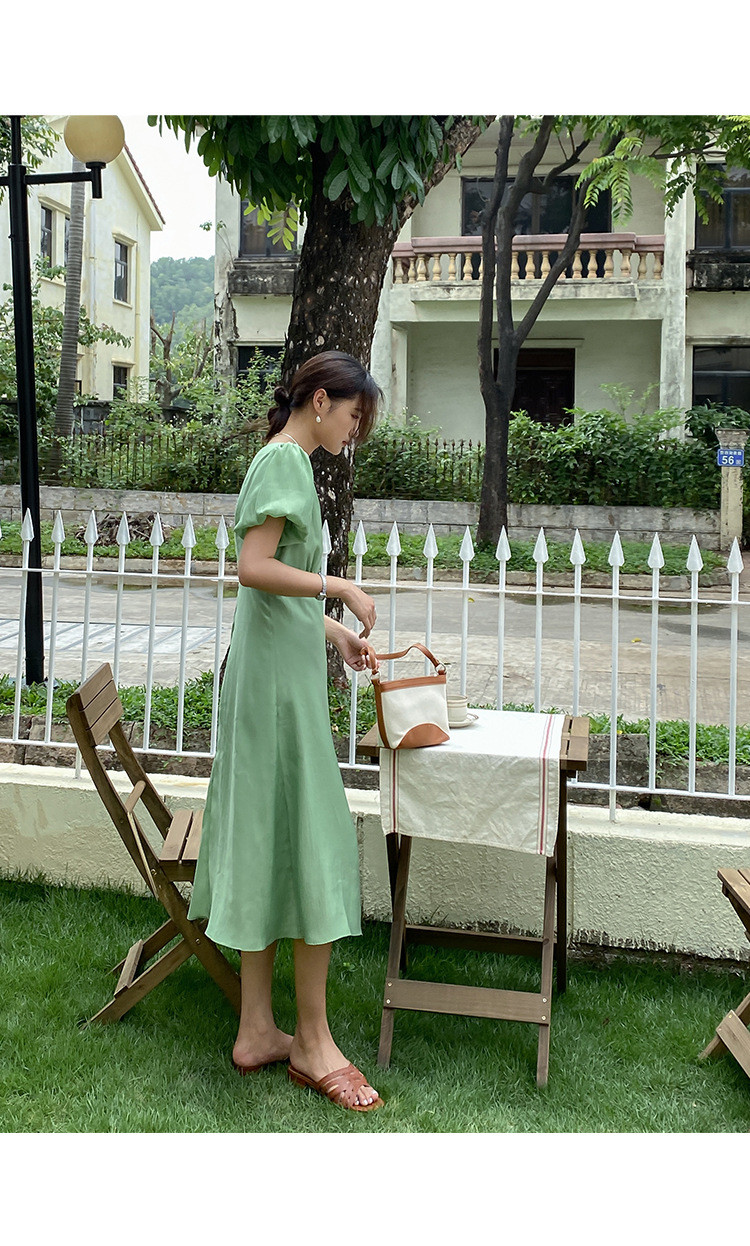 施悦名 夏季新款连衣裙女法式V领优雅灯笼袖慵懒气质休闲长裙 28956