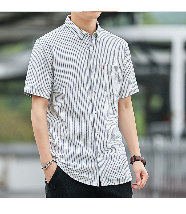 汤河之家 2021春夏男士短袖韩版潮流条纹宽松设计感长袖衬衣休闲衣